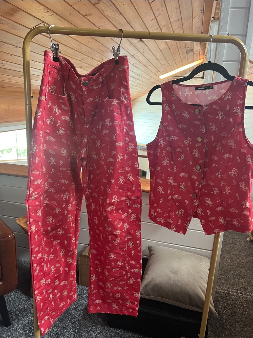 Baevely Red Western Cotton Vest & Barrel Pants Set